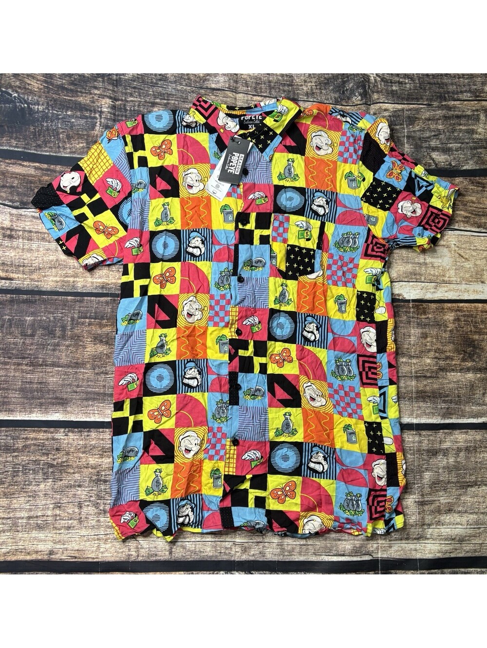 Reason X Popeye Shirt Mens Large Viscose Patchwork Short Sleeve Button Up